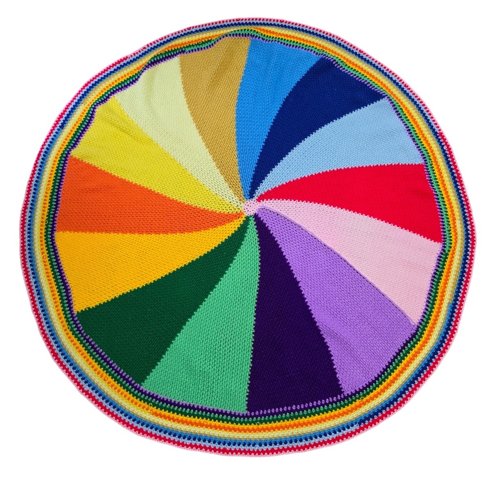 Vtg Handmade Crochet Rainbow Pinwheel Round Throw Blanket 64 Inch Afghan